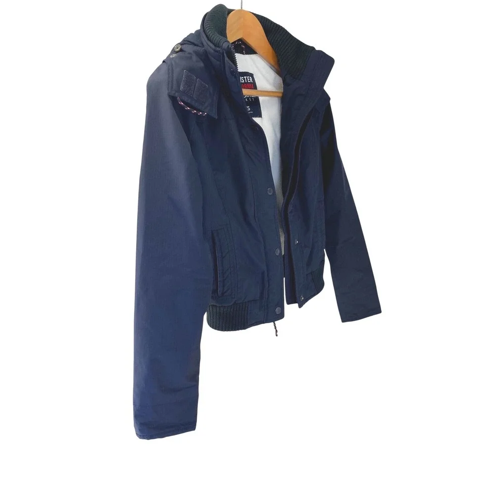 Hollister Navy Blue All-Weather Jacket Fleece Lined Removable Hood XS No Fur - Picture 3 of 15